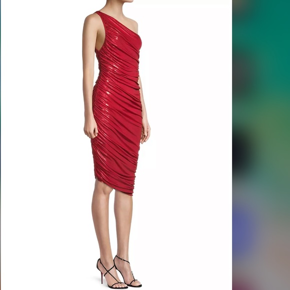 Norma kamali diana dress knee metallic red lame one shoulder NWT XXS - Picture 3 of 9